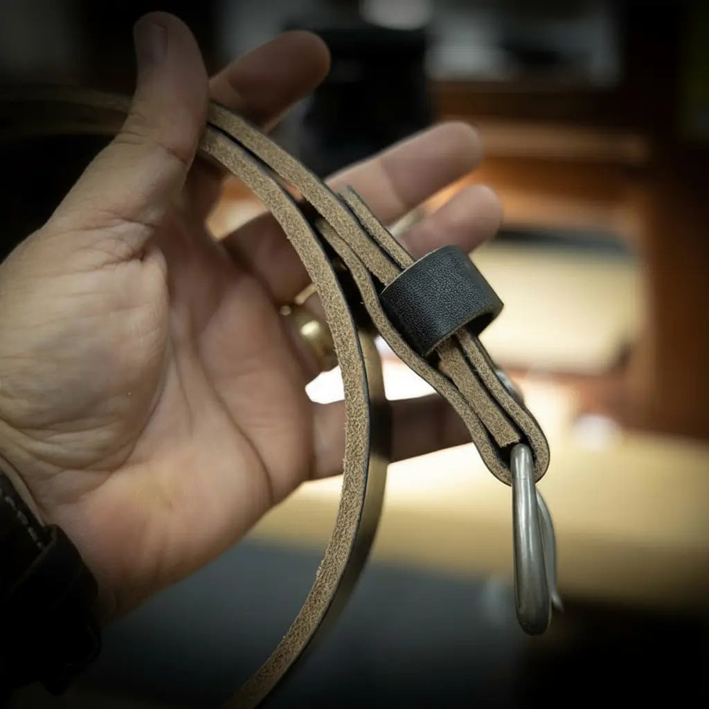 Men's black leather belt by Bull Sheath Leather — 1.5" oak bark tanned full-grain leather, solid brass buckle (4)