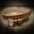 Men's oak brown leather belt by Bull Sheath Leather — 1.5" oak bark tanned full-grain leather, solid brass buckle