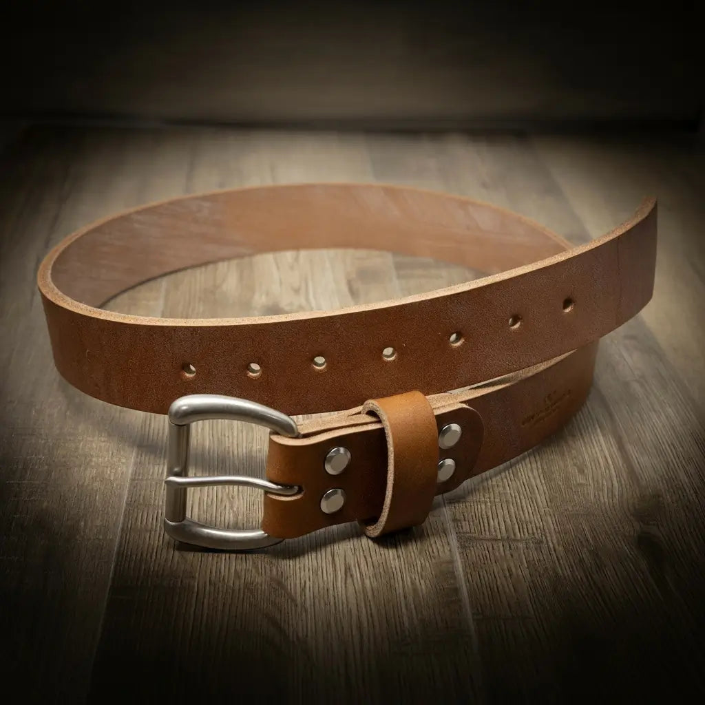 Men's oak brown leather belt by Bull Sheath Leather — 1.5" oak bark tanned full-grain leather, solid brass buckle