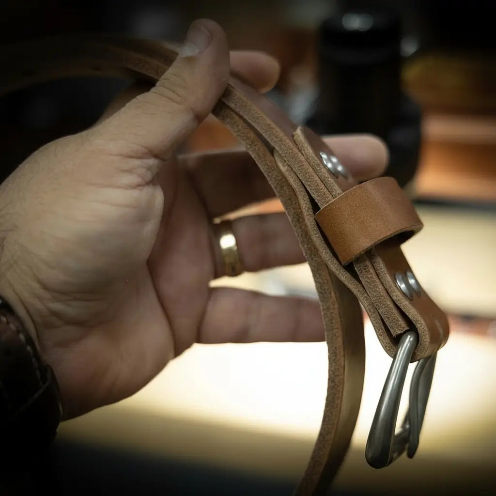 Men's oak brown leather belt by Bull Sheath Leather — 1.5" oak bark tanned full-grain leather, solid brass buckle (5)