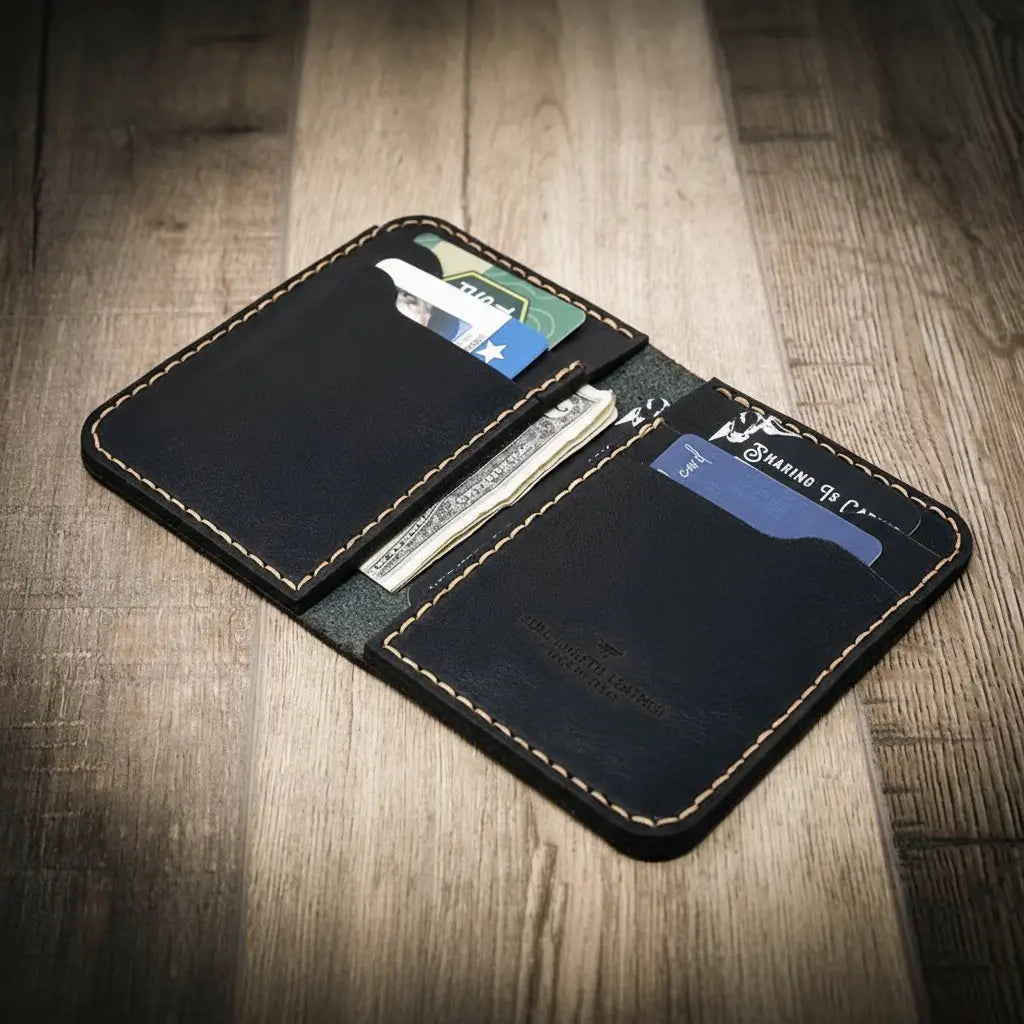 Western Vertical Wallet by Bull Sheath Leather — full-grain leather with western tooling