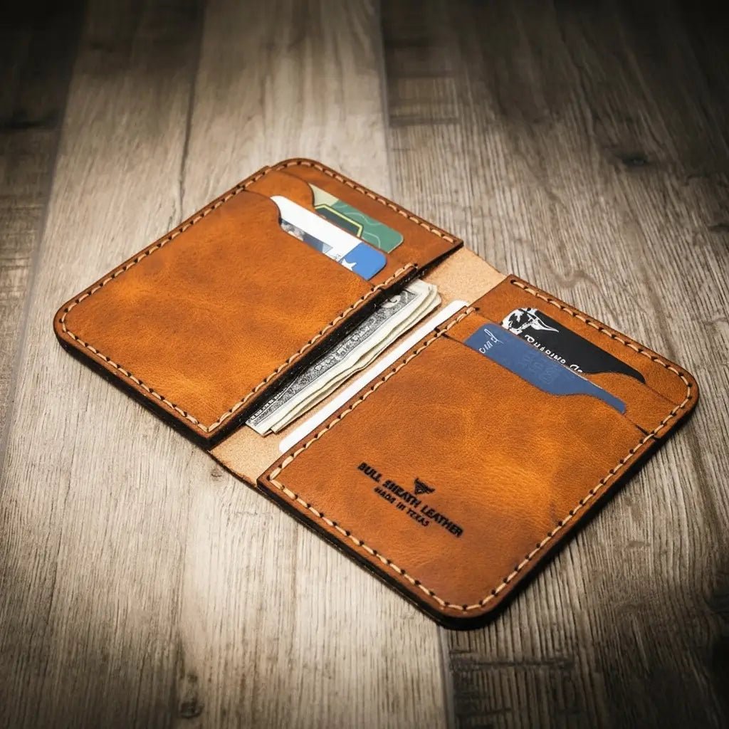 Western Vertical Wallet by Bull Sheath Leather — full-grain leather with western tooling