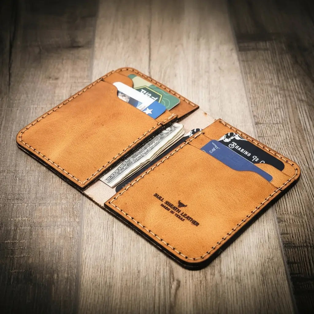 Western Vertical Wallet by Bull Sheath Leather — full-grain leather with western tooling