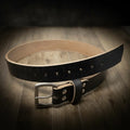 Men's black leather belt by Bull Sheath Leather — 1.5" oak bark tanned full-grain leather, solid brass buckle