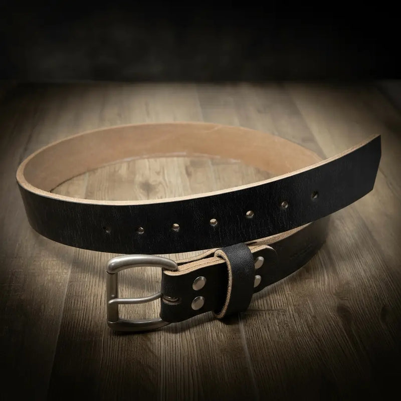 Men's black leather belt by Bull Sheath Leather — 1.5" oak bark tanned full-grain leather, solid brass buckle