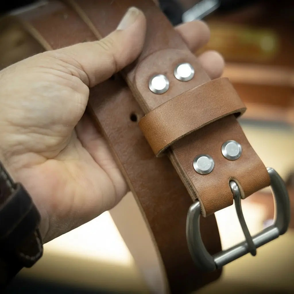 Men's oak brown leather belt by Bull Sheath Leather — 1.5" oak bark tanned full-grain leather, solid brass buckle (2)