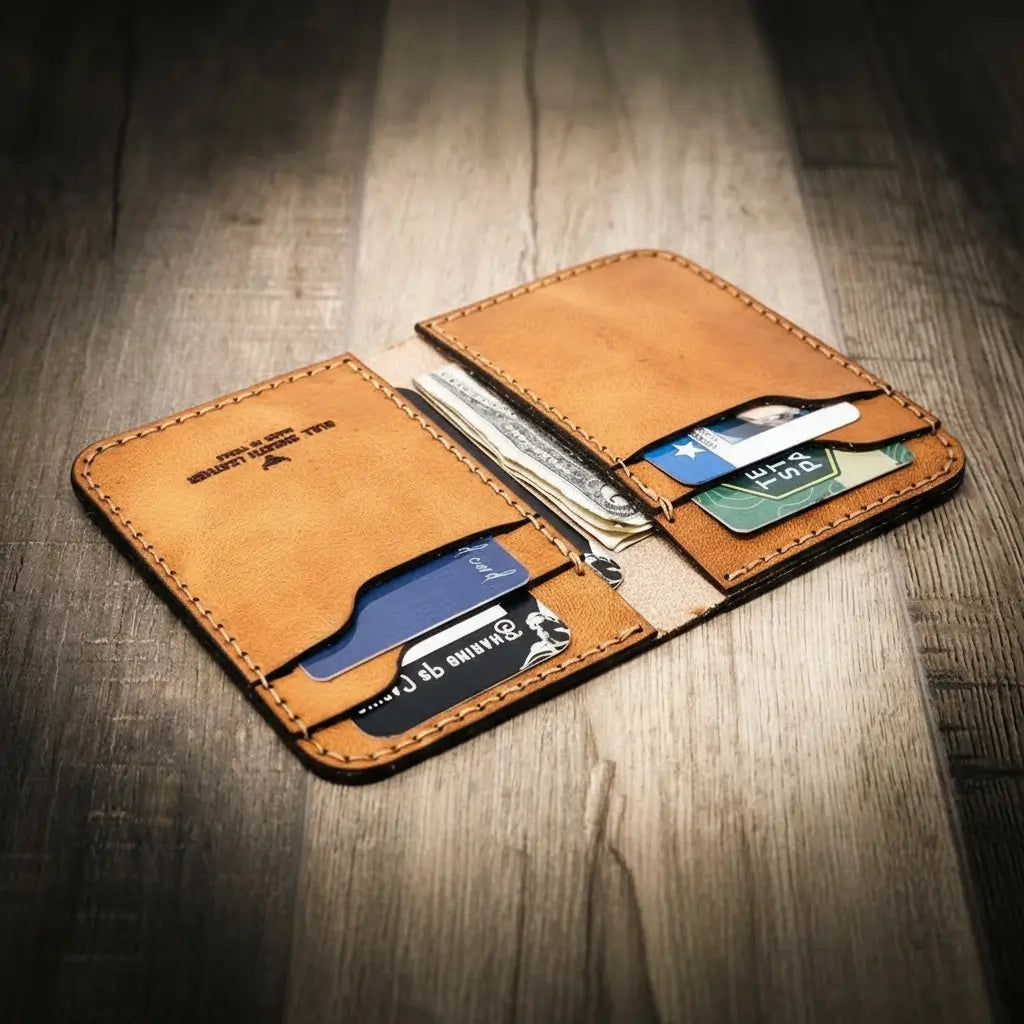 Western Vertical Wallet by Bull Sheath Leather — full-grain leather with western tooling