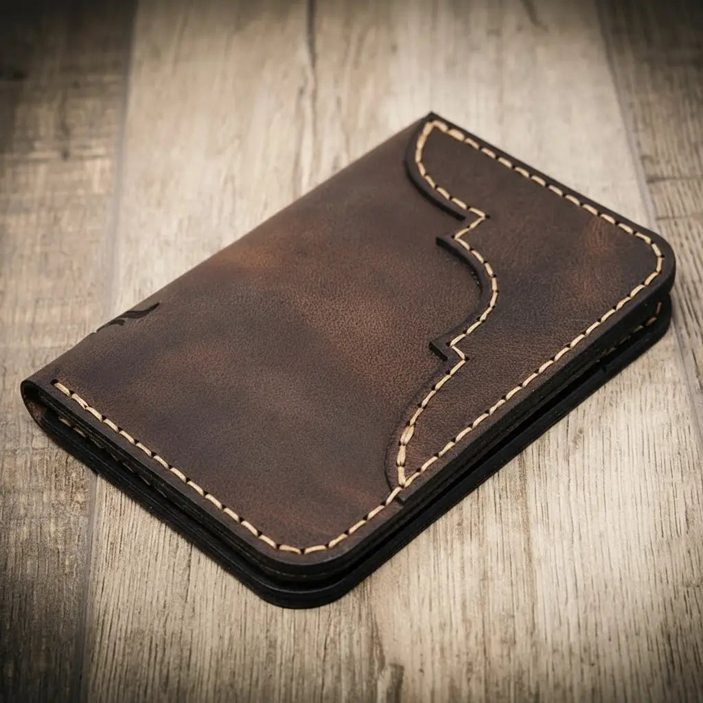 Western Vertical Wallet by Bull Sheath Leather — full-grain leather with western tooling
