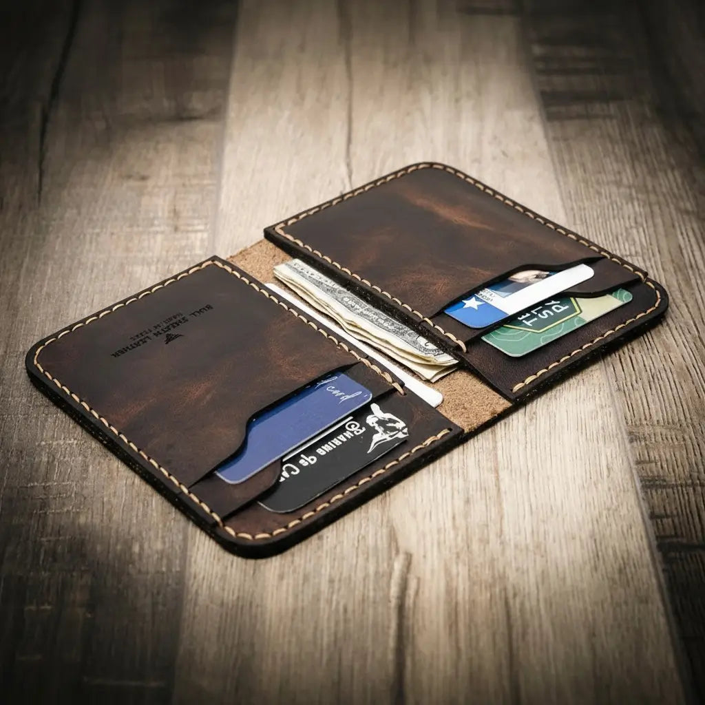 Western Vertical Wallet by Bull Sheath Leather — full-grain leather with western tooling