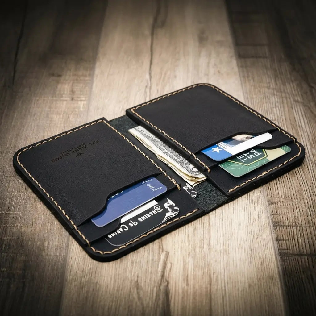 Western Vertical Wallet by Bull Sheath Leather — full-grain leather with western tooling