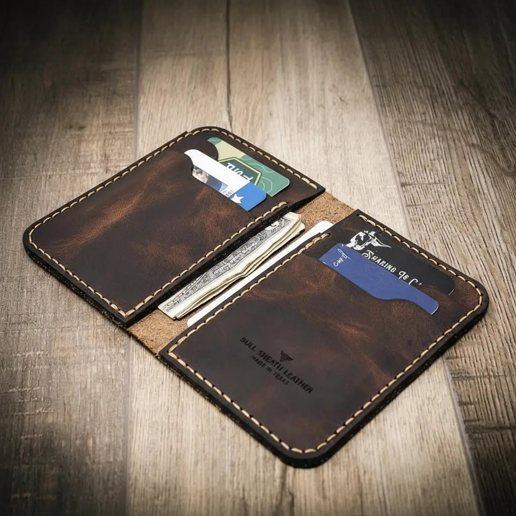 Western Vertical Wallet by Bull Sheath Leather — full-grain leather with western tooling