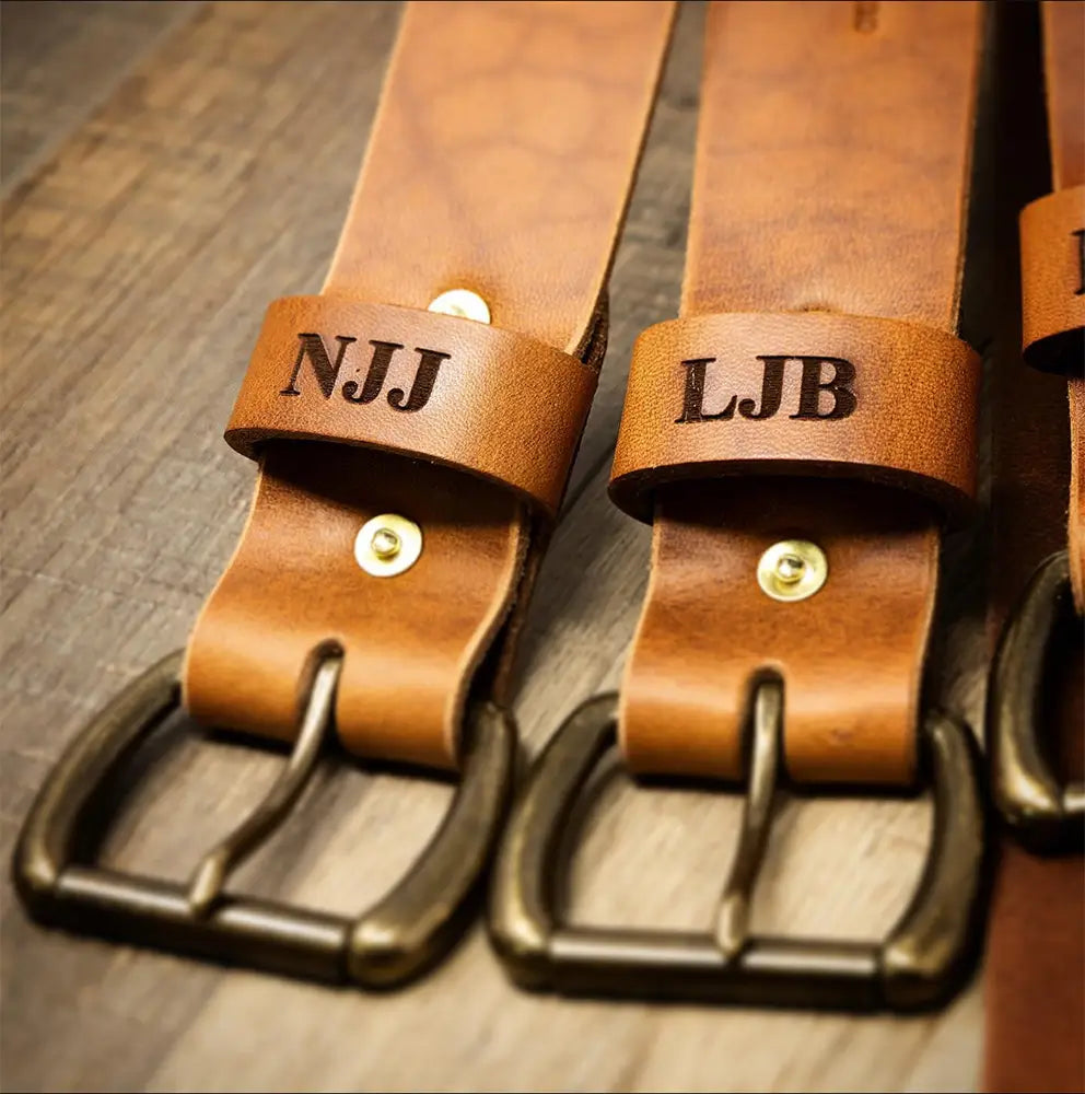 Men's oak brown leather belt by Bull Sheath Leather — 1.5" oak bark tanned full-grain leather, solid brass buckle (4)