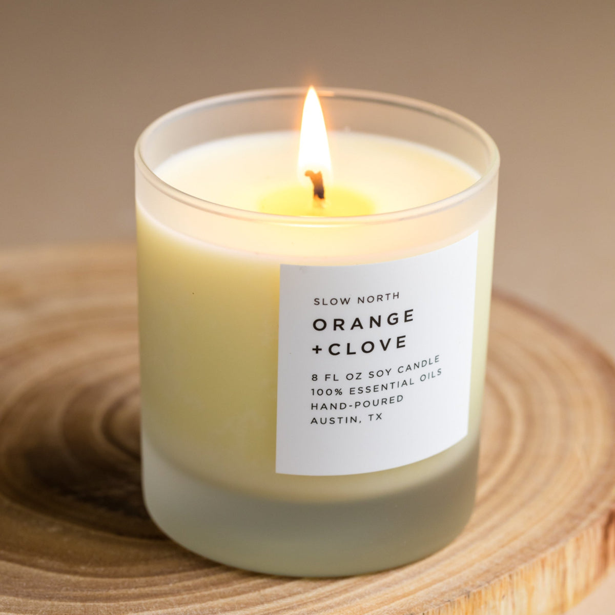 Orange + Clove soy candle by Slow North, hand-poured in Austin, Texas