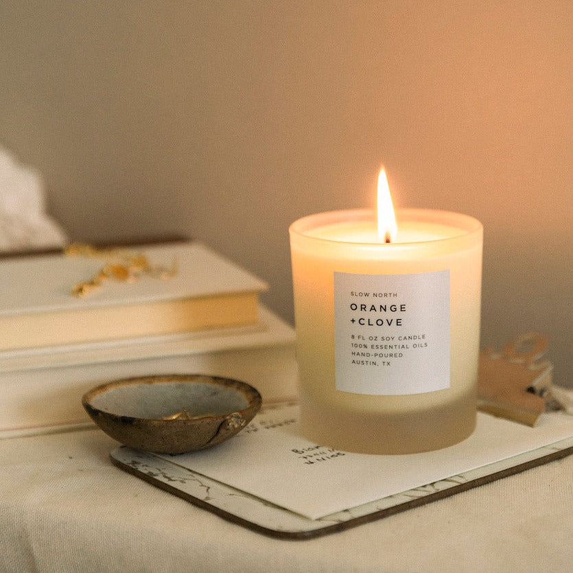 Orange + Clove soy candle by Slow North, hand-poured in Austin, Texas